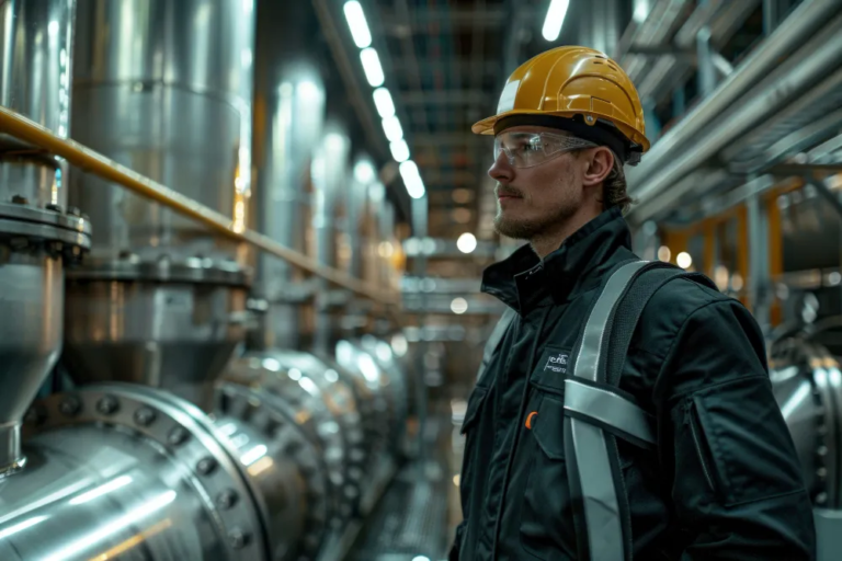 Industrial worker in protective gear standing near refinery pipework, symbolising benzene exposure and workplace compensation claims in the UK.