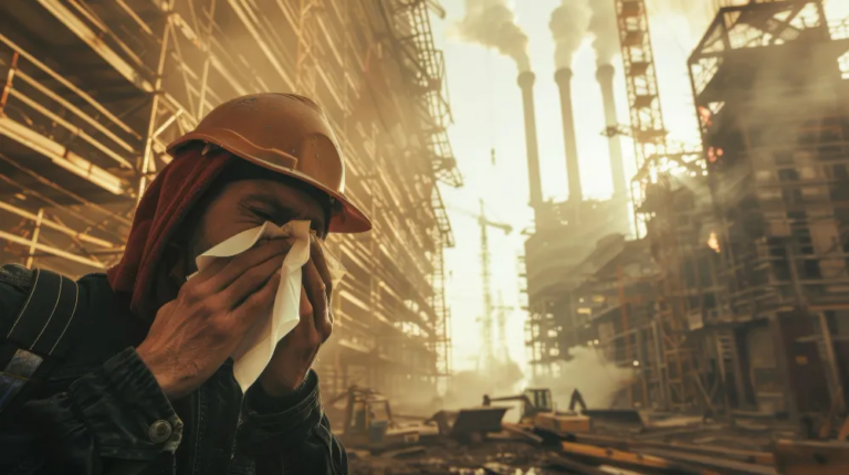 Industrial site releasing air pollutants, representing workplace and community exposure.