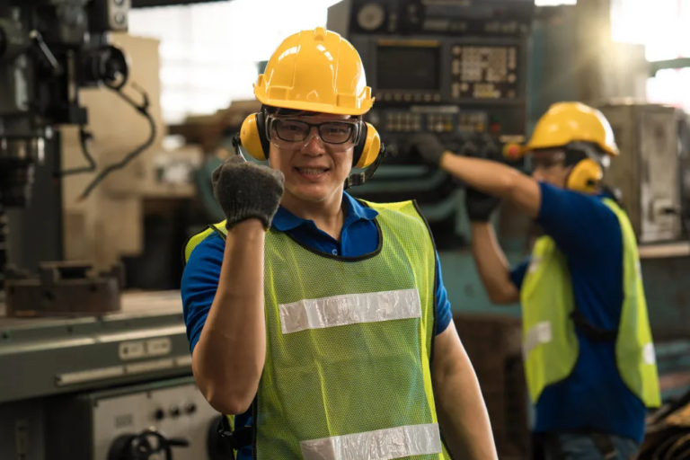 Industrial worker wearing hearing protection in a noisy factory environment.